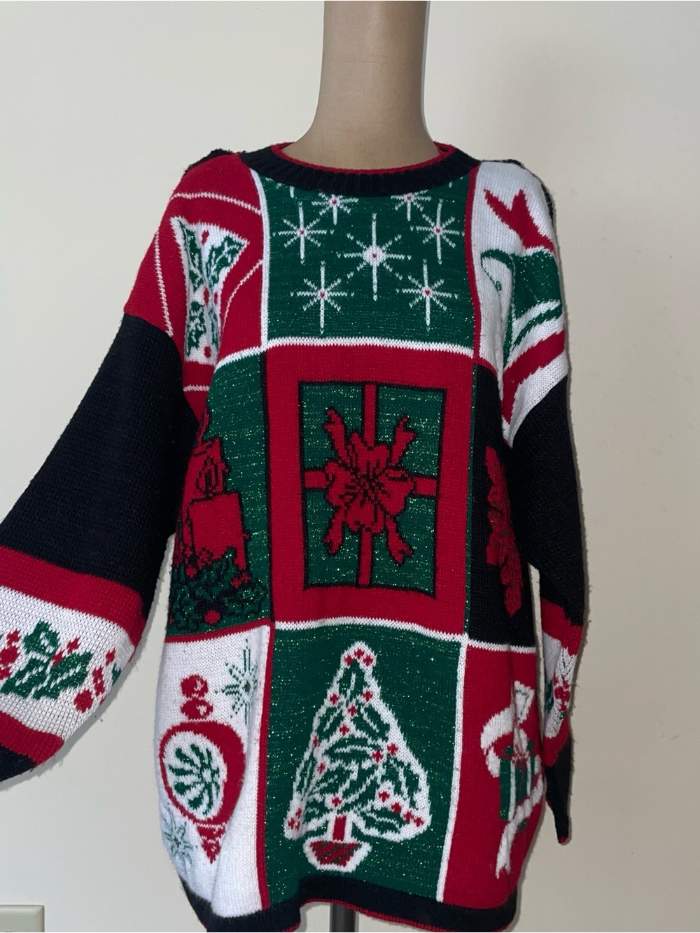 VNTGE tinsel sparkle-Holiday Patchwork Crewneck Sweater soft-cozy